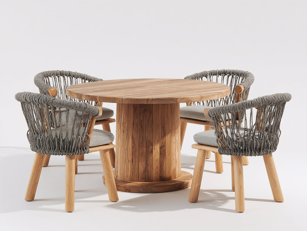 Set da pranzo da esterno - Legno-corda-tessuto - 130x130x76 cm - Naturale-Grigio-Grigio chiaro - Moderno