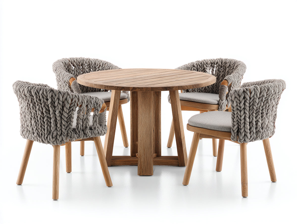 Set da pranzo da esterno - Legno-corda-tessuto - 125x125x75 cm - Naturale-Grigio tortora-Grigio chiaro - Moderno