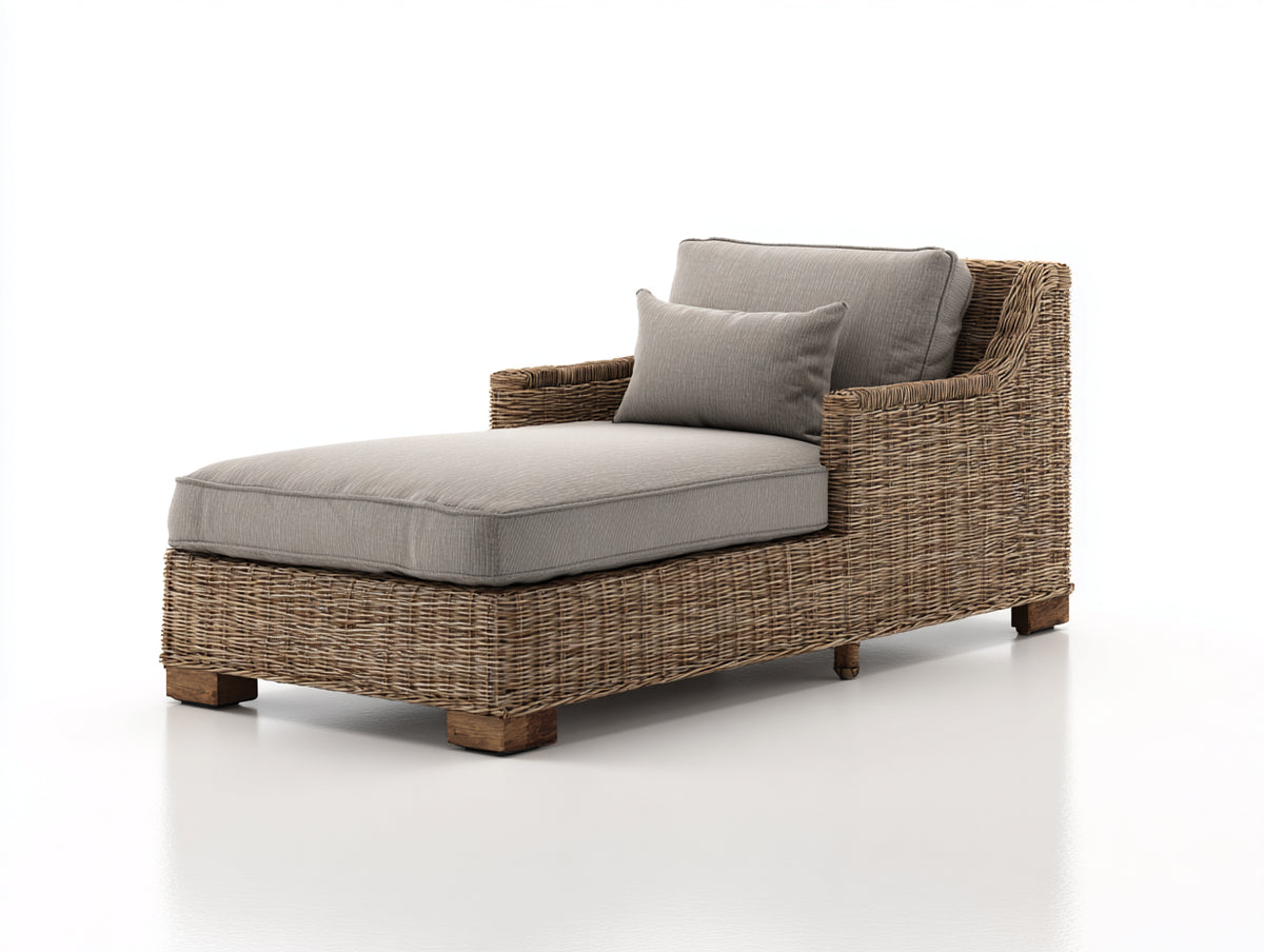 Lettino prendisole - Rattan-Tessuto-Legno - 190x82x86 cm - Marrone-Grigio tortora - Stile naturale
