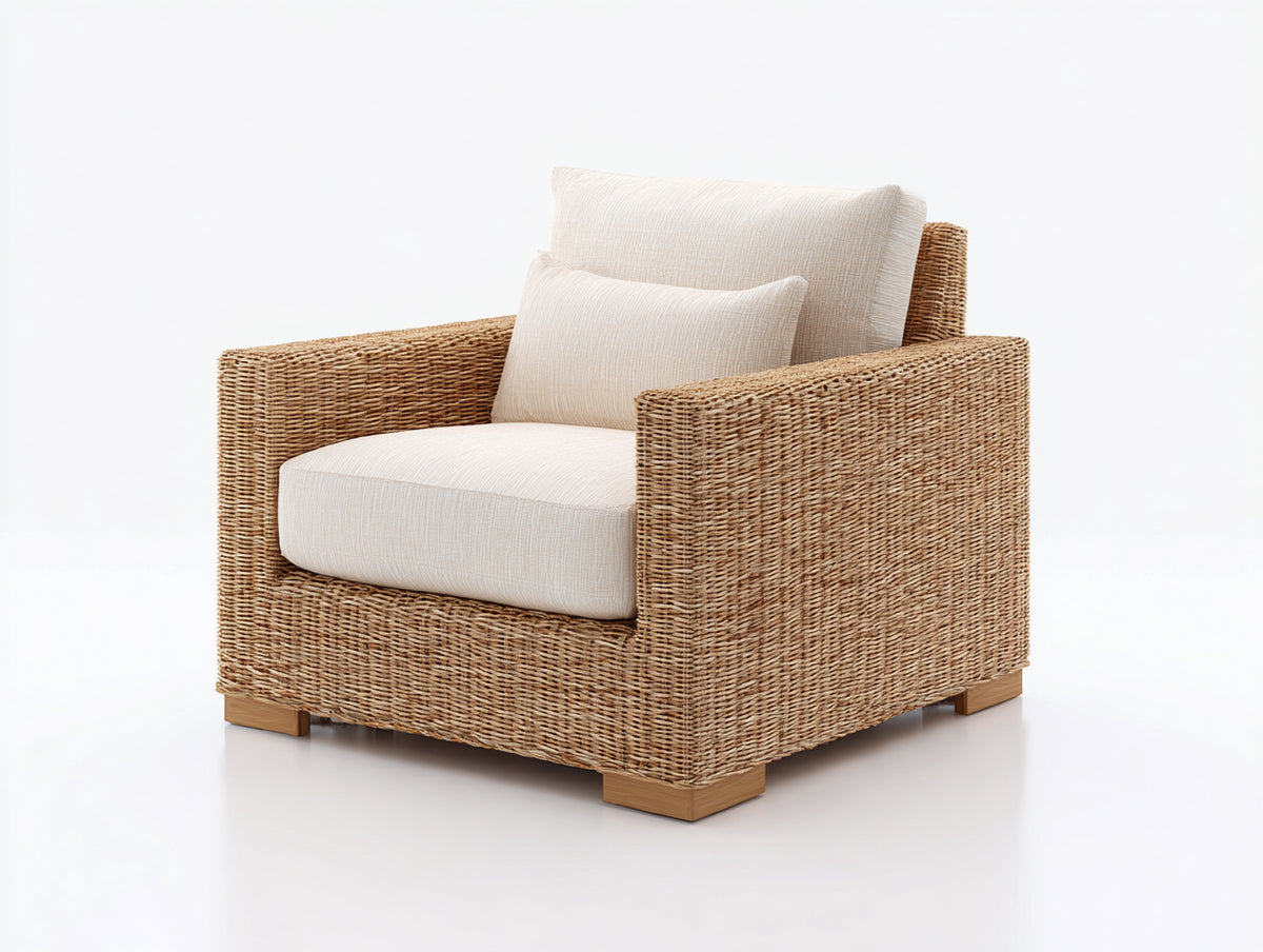 Poltrona da giardino - Rattan-Tessuto-Legno - 97x91x82 cm - Naturale-Crema - Stile naturale