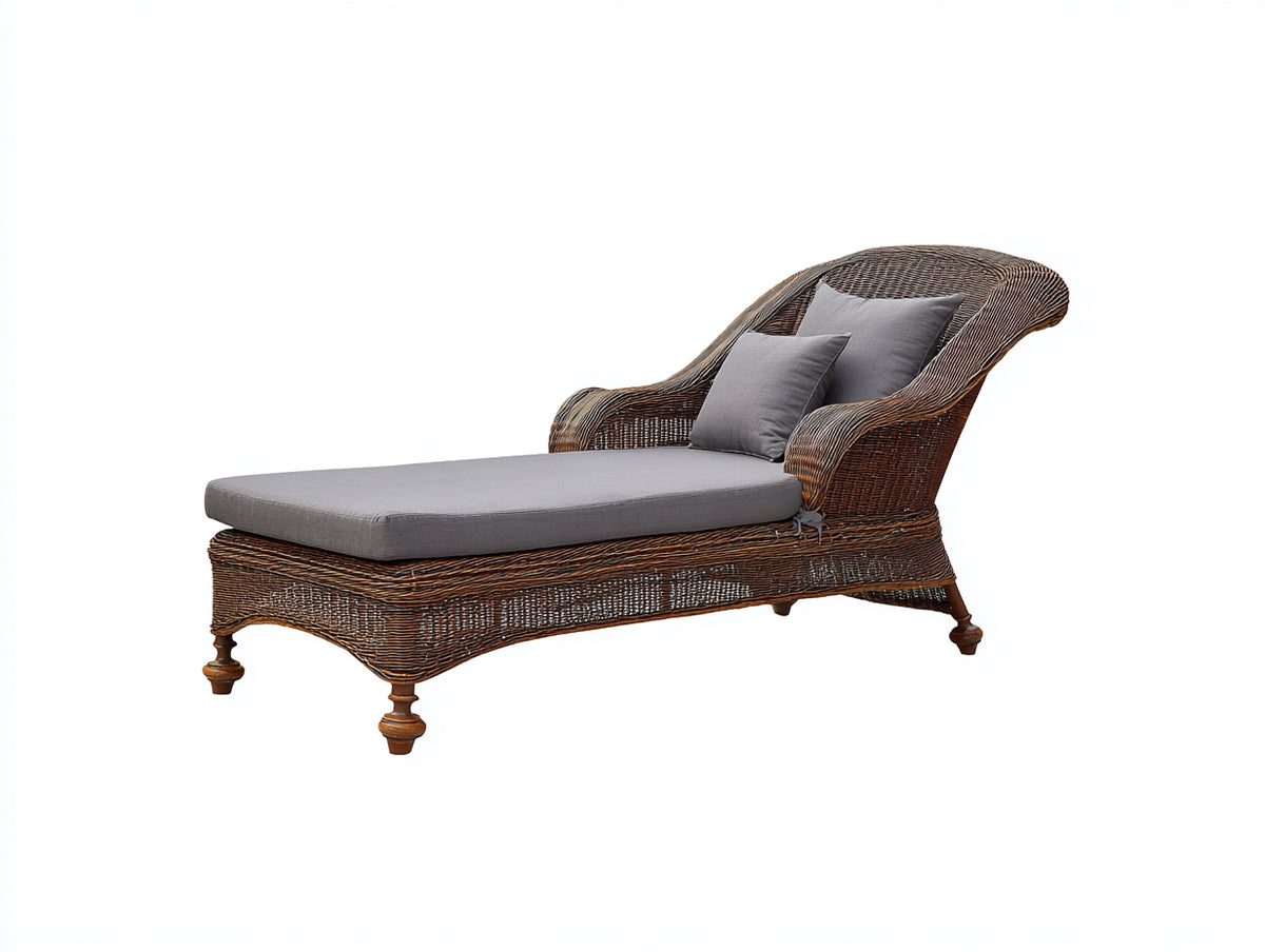 Lettino prendisole - Rattan-Tessuto-Legno - 196x88x94 cm - Marrone scuro-Grigio - Stile classico