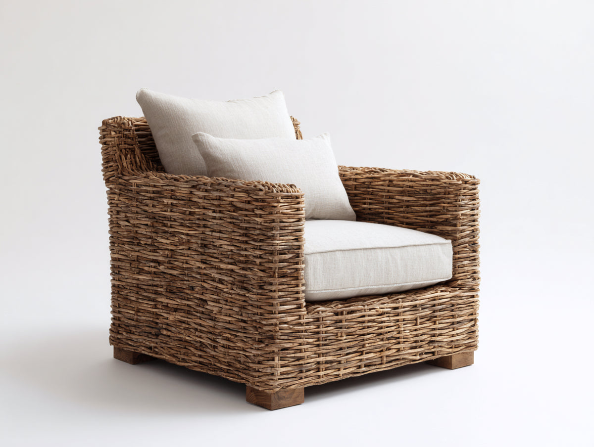 Poltrona da giardino - Rattan-Tessuto - 96x90x83 cm - Miele-Avorio - Stile rustico