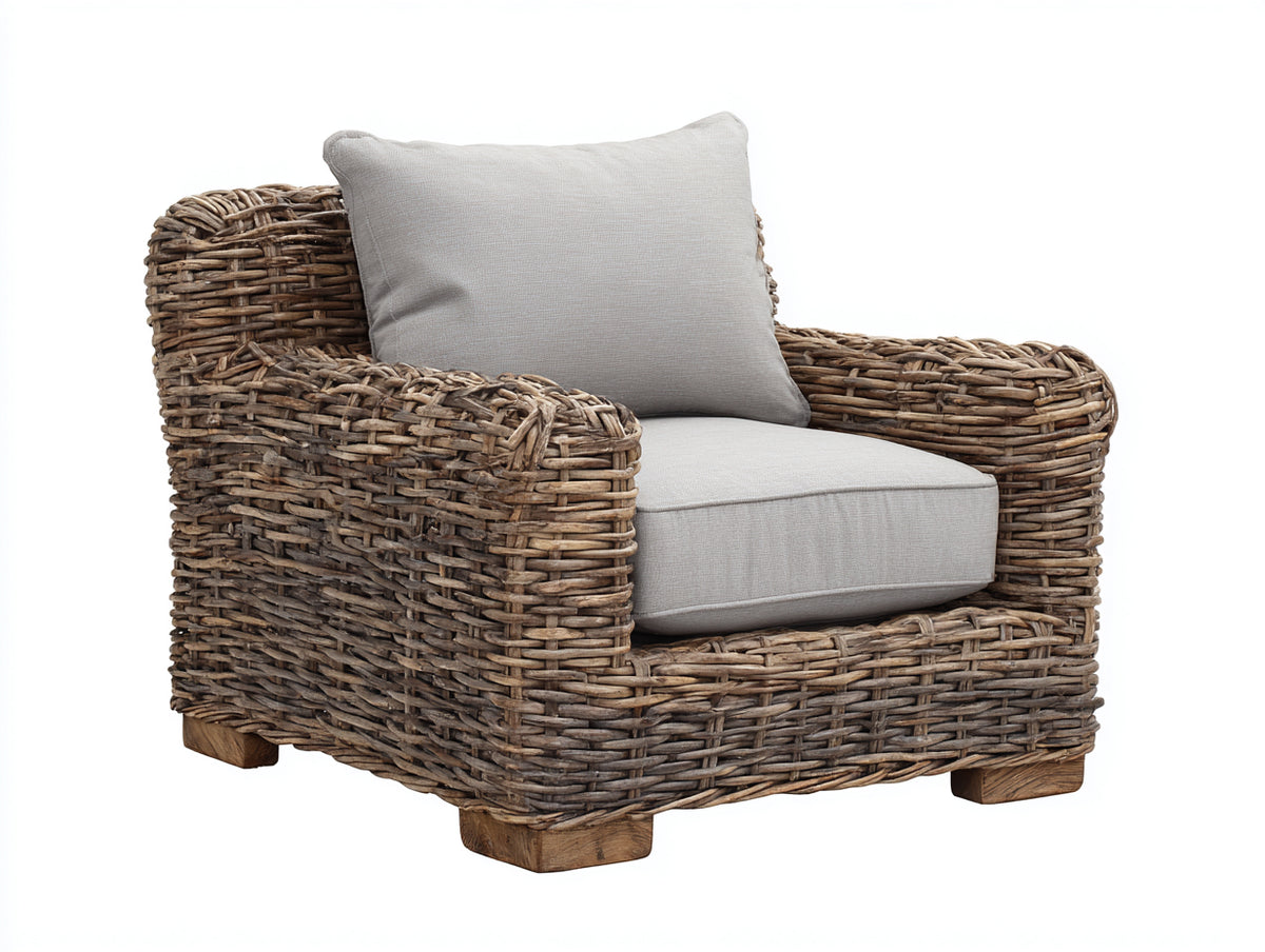 Poltrona da giardino - Rattan-Tessuto-Legno - 98x92x84 cm - Marrone-Grigio chiaro - Stile rustico