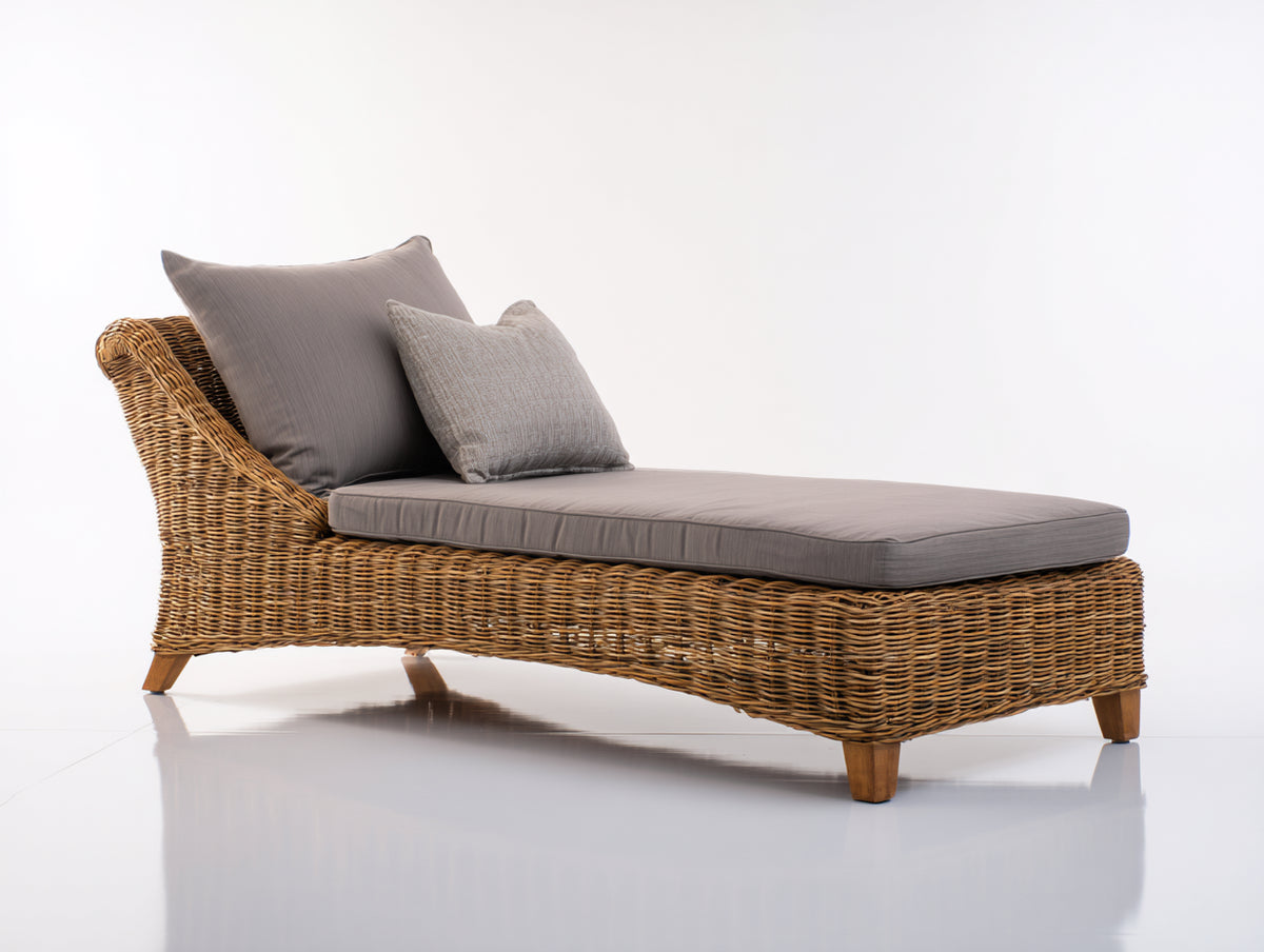 Lettino prendisole - Rattan-Tessuto-Legno - 202x88x91 cm - Naturale-Grigio - Stile rustico