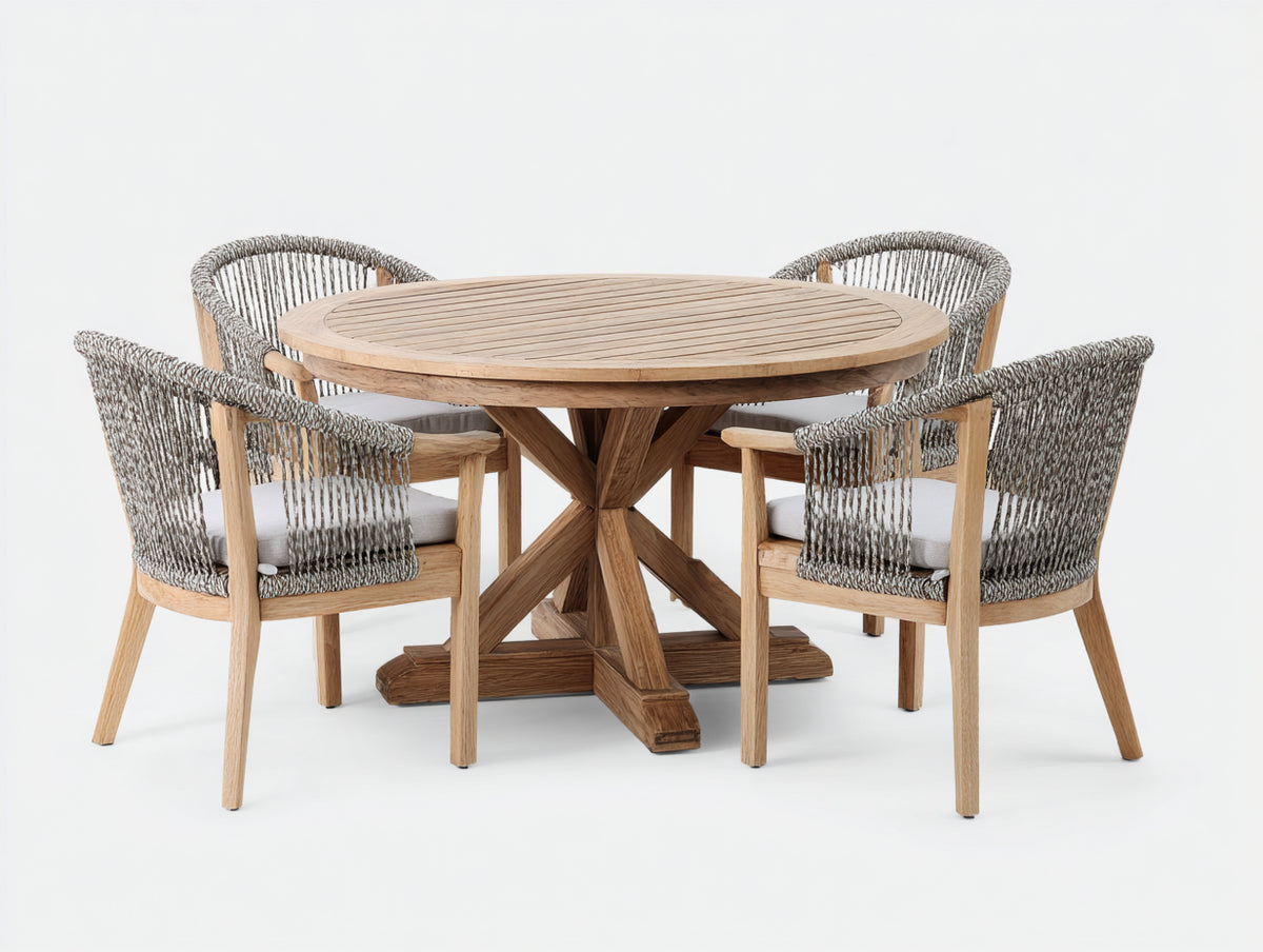 Set da pranzo da esterno - Legno-corda-tessuto - 120x120x76 cm - Naturale-Grigio-Grigio chiaro - Moderno