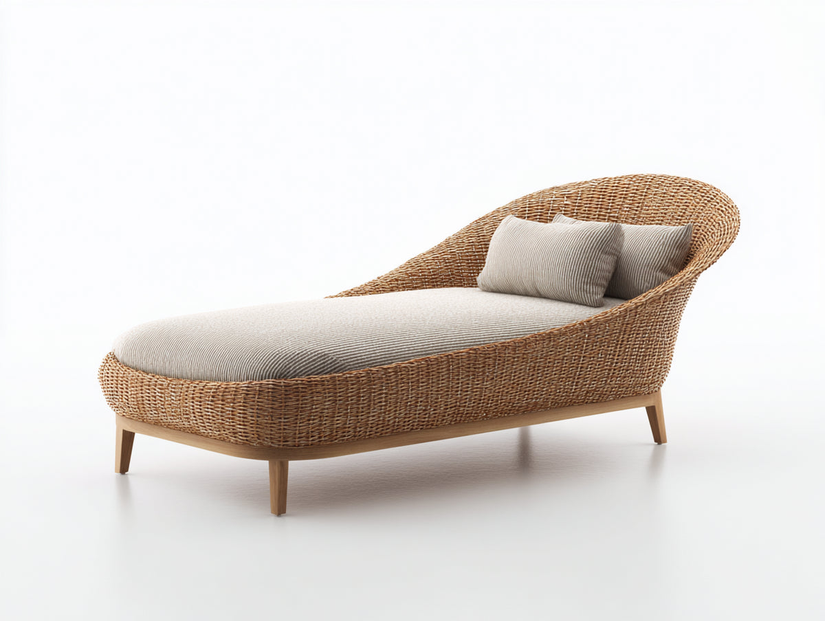 Lettino prendisole - Rattan-Tessuto-Legno - 201x96x86 cm - Naturale-Beige - Stile organico
