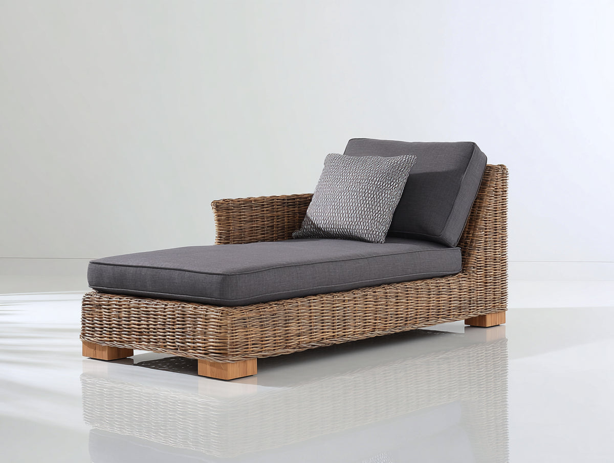 Lettino prendisole - Rattan-Tessuto-Legno - 191x89x76 cm - Marrone naturale-Grigio scuro - Stile moderno