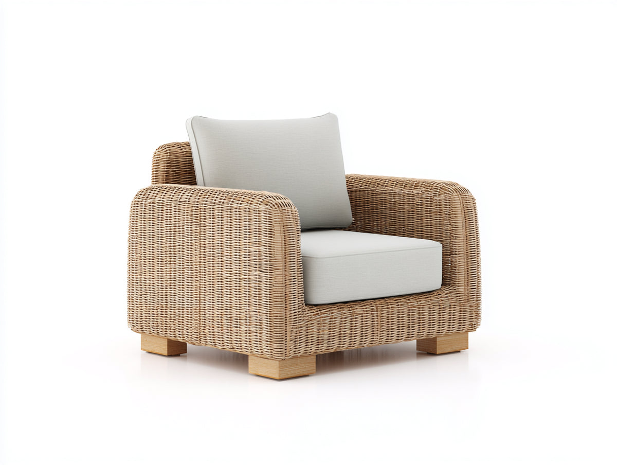 Poltrona da giardino - Rattan-Tessuto-Legno - 94x89x78 cm - Naturale-Avorio - Stile contemporaneo