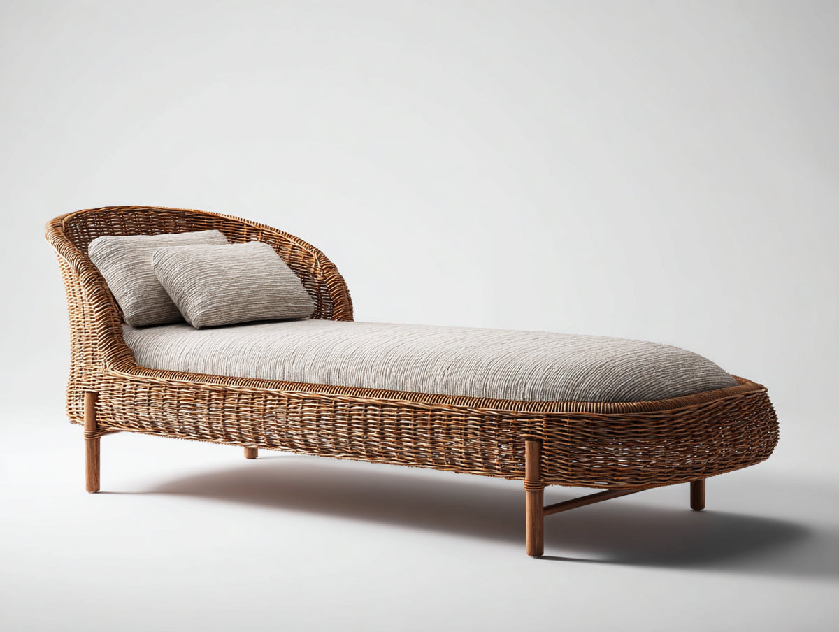 Lettino prendisole - Rattan-Tessuto-Legno - 205x91x80 cm - Marrone miele-Crema - Stile naturale