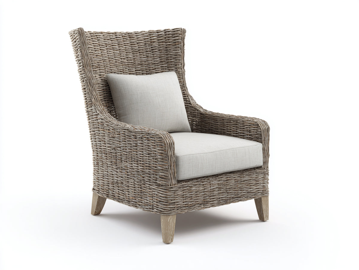 Poltrona da giardino - Rattan-Tessuto-Legno - 92x86x108 cm - Tortora-Crema - Stile classico