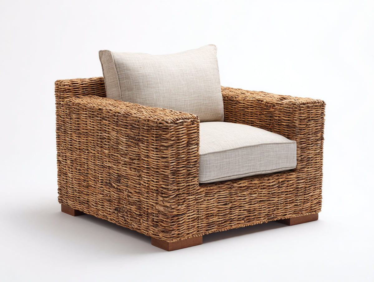 Poltrona da giardino - Rattan-Tessuto - 94x89x80 cm - Naturale-Crema - Stile contemporaneo
